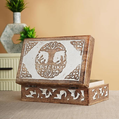 Ajuny Tree of Life Wooden Jewelry Box for Women & Men – Hand Carved Wooden Keepsake Box, Decorative Trinket Box Wood Treasure Chest Vintage Memory Storage Box Gift - 8X5 Inch