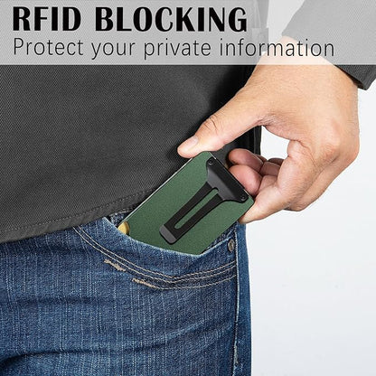 Slim Wallet for Men,RFID Blocking Minimalist Metal Wallet, Money Clip/Cash Holder, Front Pocket Aluminum Credit Card Holder, Ideal Gift for Men,Matt Green