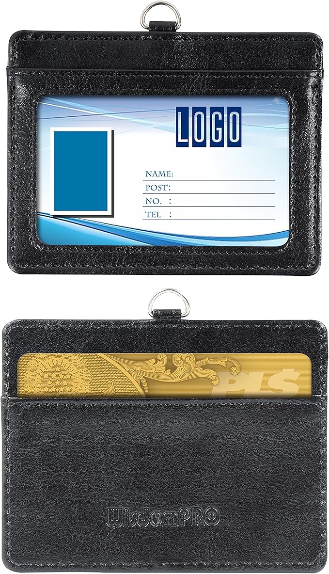 Wisdompro ID Badge Holder with Retractable Keychain, 2-Sided PU Leather Pass Card Holder with 2 Card Slots and Badge Reel for Work, School, Metro, Bus, Access Card - Black, Horizontal