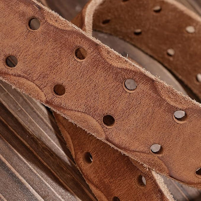 Handcrafted Vintage Style Leather Belt, Brown Full-Grain Leather, Brass Buckle, Double Stitched Design, Casual Wear