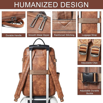 Travel Backpack for Women and Men, Fits 17.0" Laptop, Stylish Lay-Flat Carry-on Vegan Leather Backpack with Luggage Strap for Travel and Daily Use