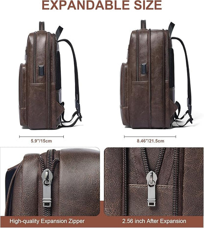 Shrrie Leather Laptop Backpack for Women and Men,28 L Travel Backpack Computer Bag Fits 16 inch Laptop,Expandable Casual Daypack with USB Charging Port for Work Business Weekender College,Coffee