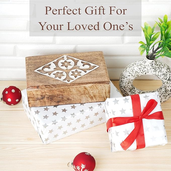 Ajuny Wooden Jewelry Box floral and Diamond Carvings Handmade Decorative Brown and White Storage Box Multipurpose Organizer Trinket Holder Case Unique Gifts for Men & Women