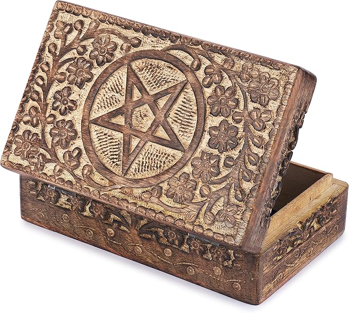 Ajuny Wooden Hand Carved Decorative Jewelry Box with Star Circle Carvings Vintage Keepsake Storage Organizer Travel Treasure Chest Trinket Holder Case Great Gifts 8x5 Inch