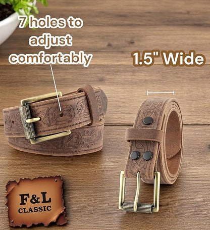 F&L CLASSIC Men's full Grain Vintage Distressed leather Belt,easy to change Roller buckle,1.5" Wide,USA,