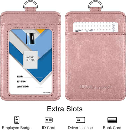 Badge Holder, Wisdompro 2-Sided PU Leather ID Badge Card Holder Wallet Case with 1 Clear ID Window and 1 Credit Card Slot and 22 Inch Quick Rlease Detachable Neck Lanyard Strap-Rose Gold (Vertical)