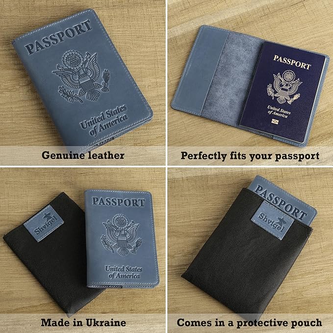 Shvigel US Leather Passport Book Cover - Thin American Travel Passport Holder - Premium International USA Passport Protector Case for Women Men (Light Blue Vintage)