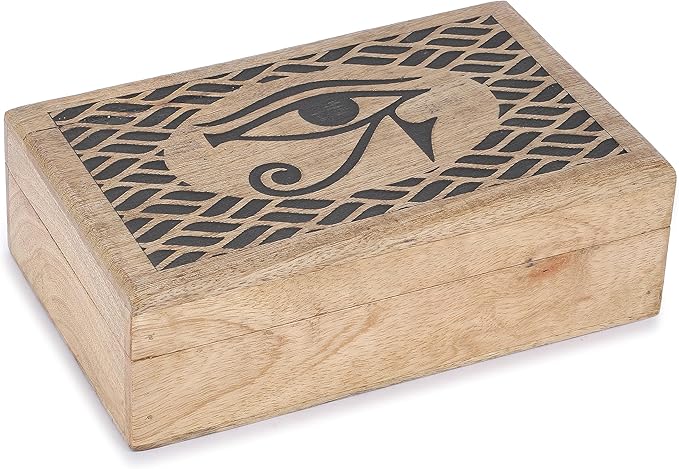 Ajuny Handcarved Wooden Decorative Jewelry Storage Box Eye of Truth Design Vintage Multipurpose Treasure Chest Keepsake Necklaces Watch Boxes Great for Gifts 8x5 Inch