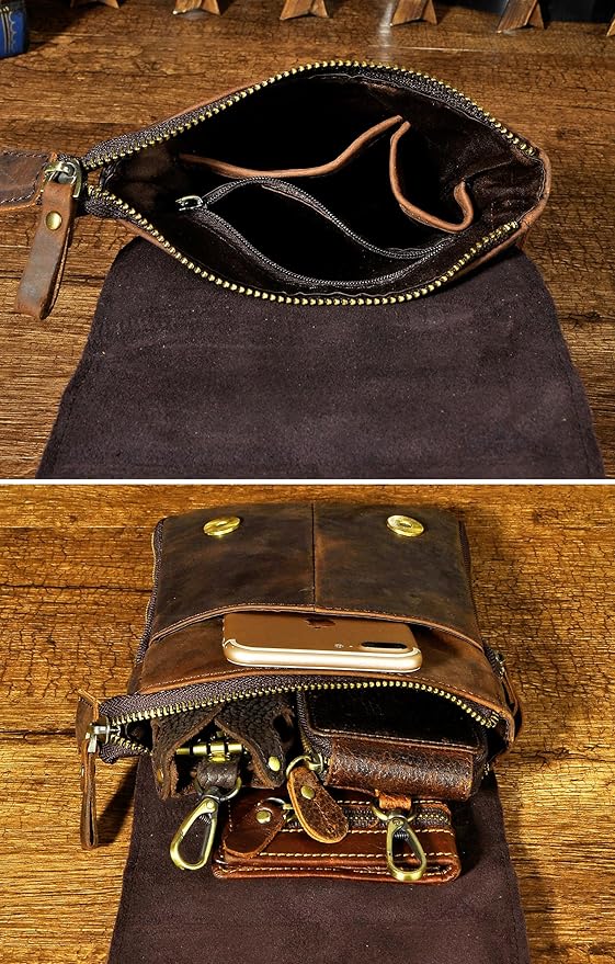 Le'aokuu Mens Genuine Leather Small Messenger Shoulder Satchel Phone Pouch Belt Waist Bag Pack
