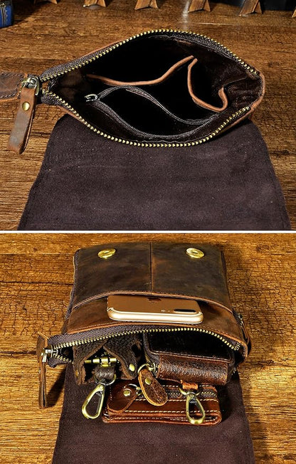 Le'aokuu Mens Genuine Leather Small Messenger Shoulder Satchel Phone Pouch Belt Waist Bag Pack