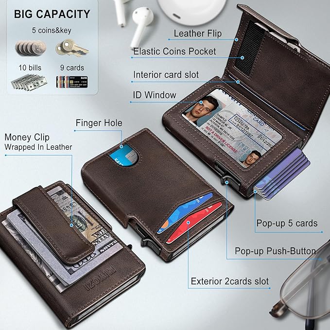miyozi Wallet for Men, Magnetic Minimalist Slim Wallet with Pop Up Card Holder, 9 Cards RFID Blocking Metal Credit Card Case, Leather Wrapped Money Clip, ID Window & Small Item Slot, Gift Boxed