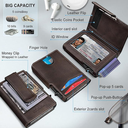 miyozi Wallet for Men, Magnetic Minimalist Slim Wallet with Pop Up Card Holder, 9 Cards RFID Blocking Metal Credit Card Case, Leather Wrapped Money Clip, ID Window & Small Item Slot, Gift Boxed