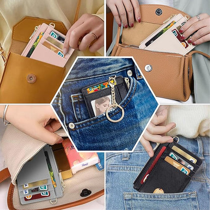 Suweibuke Slim Pocket Wallet, RFID Blocking Credit Card Holder Wallet with D-Shackle ID Window and Detachable keychain for Women (A-Coral Pink)