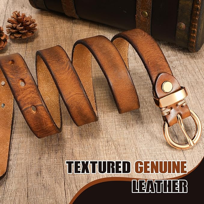 SANSTHS Womens Genuine Leather Belts for Jeans Pants Trendy Vintage Thin Leather Belt Gold Buckle Ladies Skinny Waist Belt