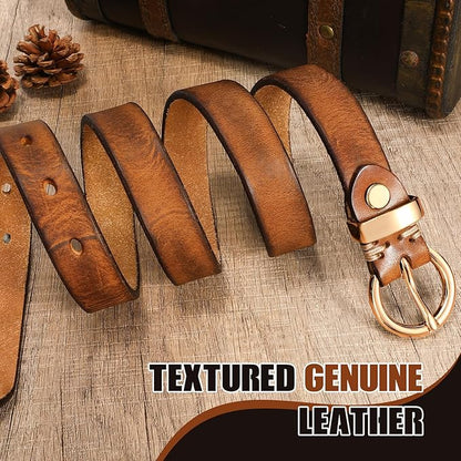 SANSTHS Womens Genuine Leather Belts for Jeans Pants Trendy Vintage Thin Leather Belt Gold Buckle Ladies Skinny Waist Belt