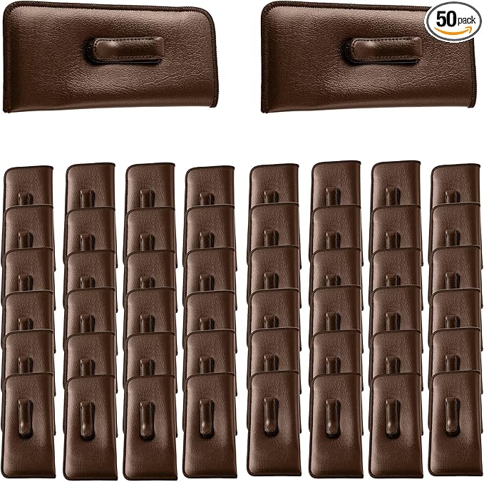 Calabria Soft Slip-In Glasses Case with Pocket Metal Clip Brown for Men/Women Synthetic Leather Felt Lining 6.5"x3" - 50PACK