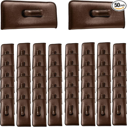 Calabria Soft Slip-In Glasses Case with Pocket Metal Clip Brown for Men/Women Synthetic Leather Felt Lining 6.5"x3" - 50PACK