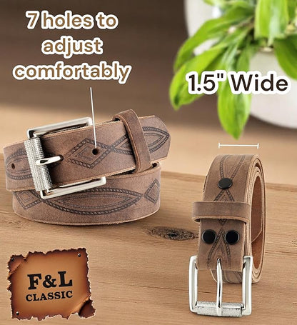 F&L CLASSIC Men's full Grain Vintage Distressed leather Belt,easy to change Roller buckle,1.5" Wide,USA,