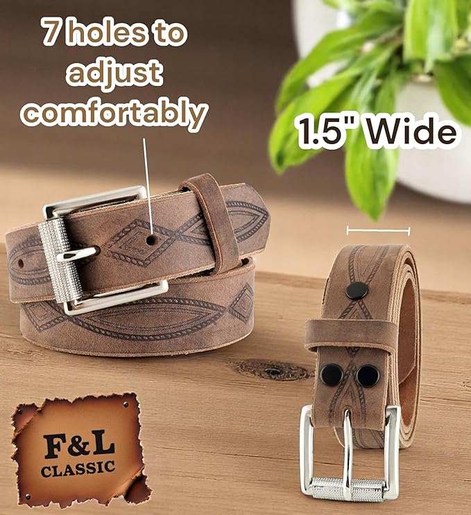 F&L CLASSIC Men's full Grain Vintage Distressed leather Belt,easy to change Roller buckle,1.5" Wide,USA,