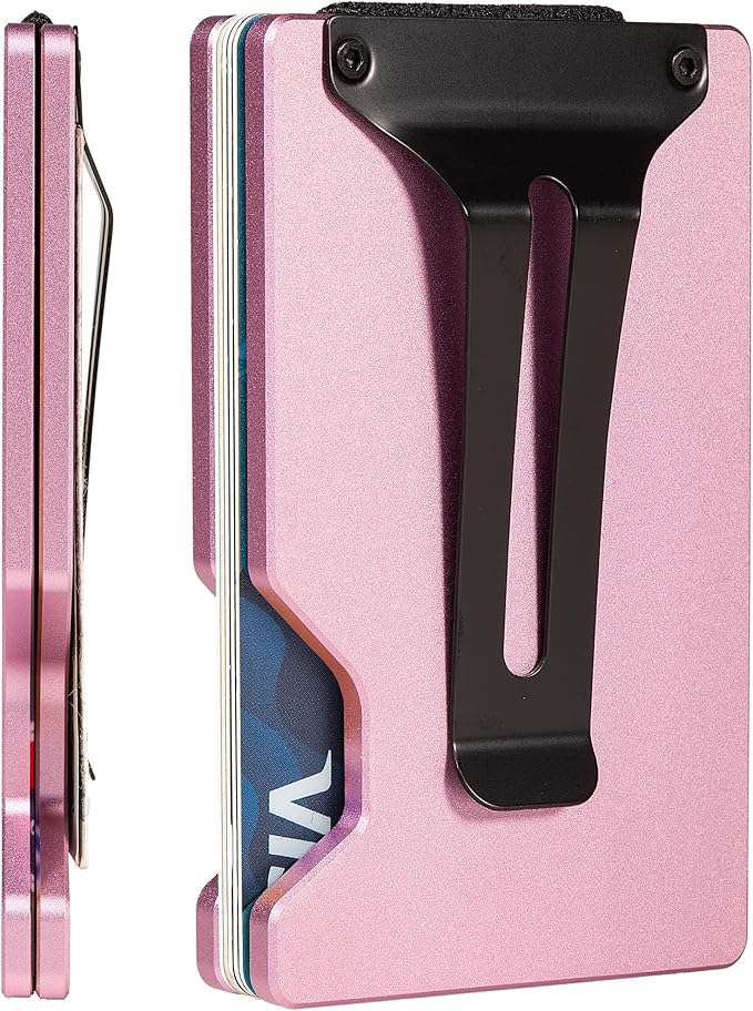 Minimalist Carbon Fiber Wallet for Men, Money Clip Cash Strap Wallet, RFID Blocking Metal Wallet Aluminum Card Holder,Front Pocket Wallet(Matte Pink)