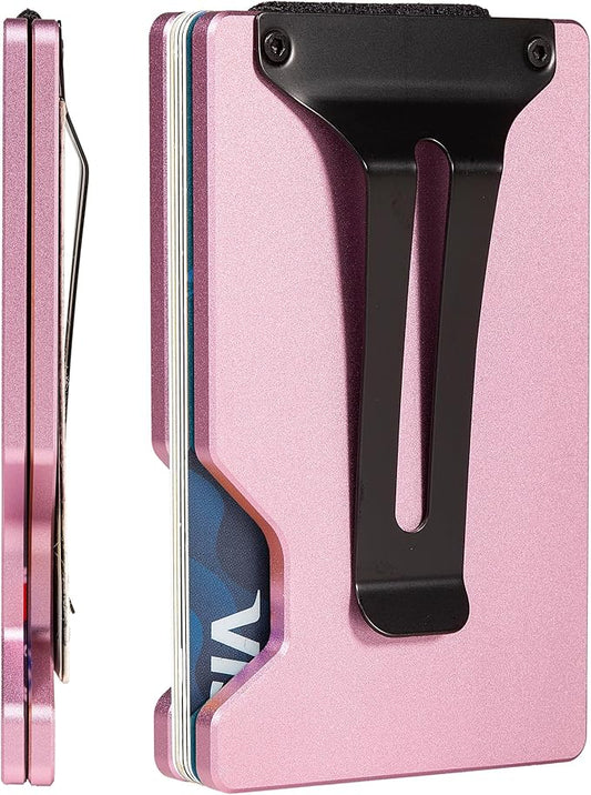 Minimalist Carbon Fiber Wallet for Men, Money Clip Cash Strap Wallet, RFID Blocking Metal Wallet Aluminum Card Holder,Front Pocket Wallet(Matte Pink)