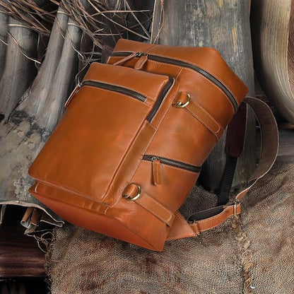 HLC Leather Tan Backpack For Men Genuine Laptop Rucksack For Men Women Genuine Leather Vintage Large Capacity Business Retro Travel Camping Daypack (17 Inch Tan)