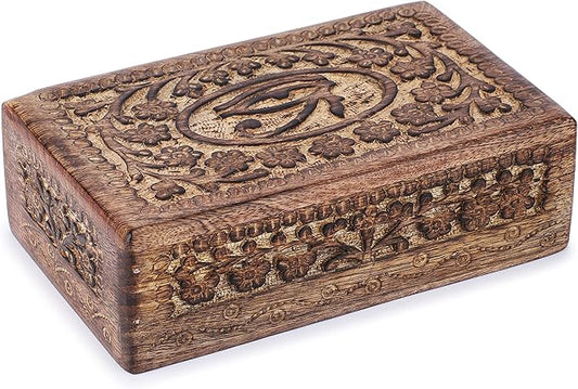 Ajuny Wooden Hand Carved Decorative Jewelry Box Eye of Truth Carvings Vintage Keepsake Storage Organizer Travel Treasure Chest Trinket Holder Case Great Gifts 8x5 Inch