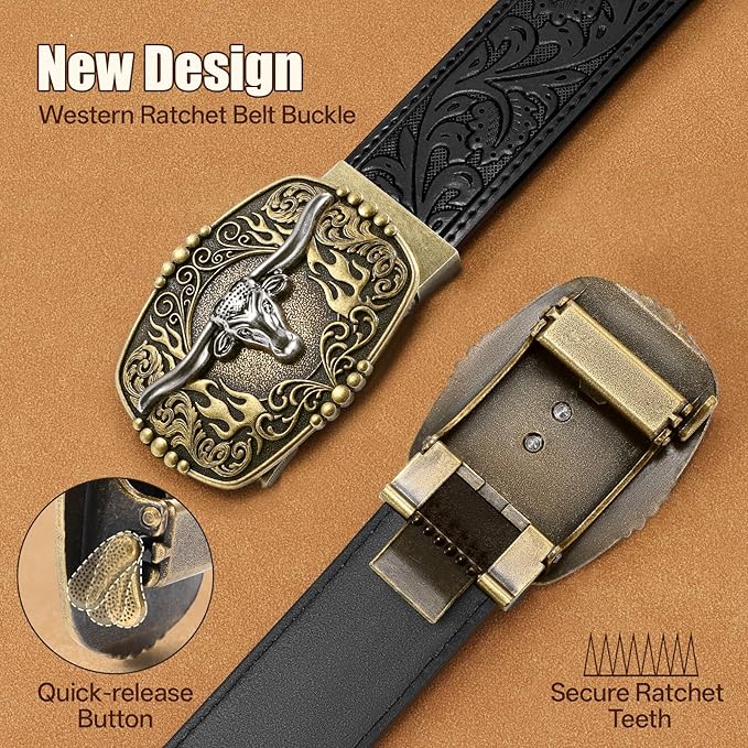 Cowboy Western Ratchet Belt for Men Women with Automatic Western Buckle, Ratchet Cowboy Leather Belt for Jeans Gifts