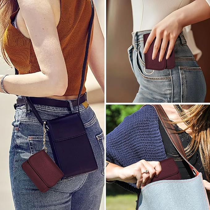Women Small Wallet RFID Blocking Slim Wallet with Coin Pocket Tri-Fold Credit Card Holder with ID Window and Keychain (Burgundy)
