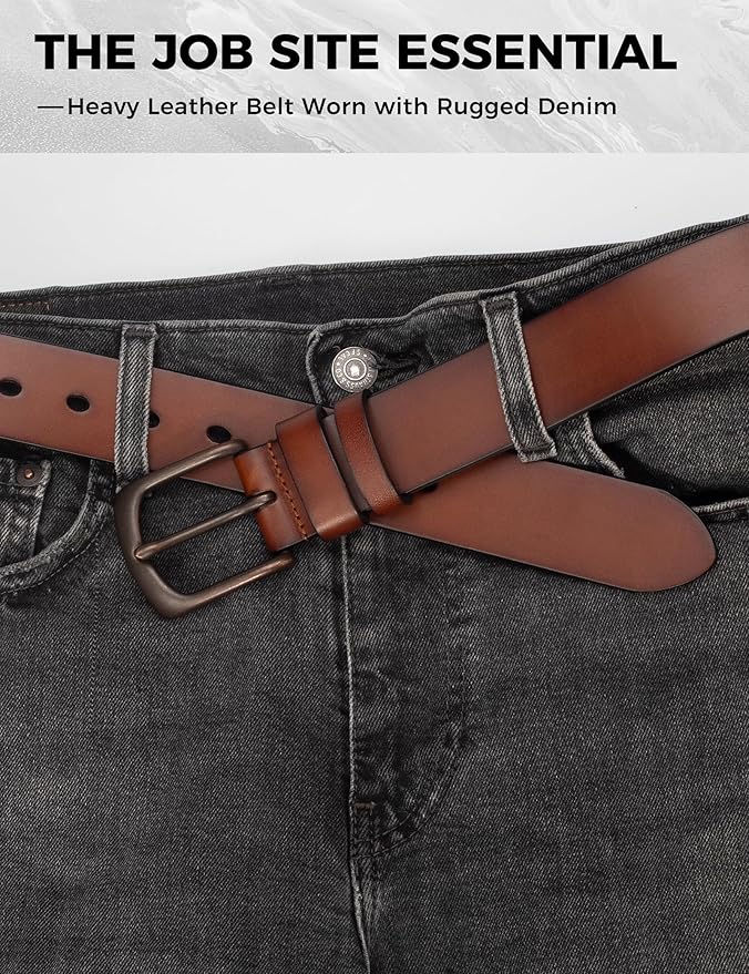 Mens Heavy Duty Full Grain Leather Belt - 1 1/2 Italian Genuine Leather with Sturdy Buckle for Jeans Casual Pants
