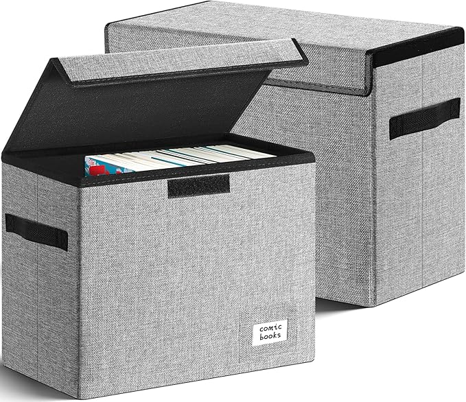 Leffis Comic Book Storage, Box 15.5" X 7.5" X 11.3", Collapsible Comic Short Box with Lids Holds 150 Comics Heavy Duty Comic Book Bin Container (2 pack, grey)