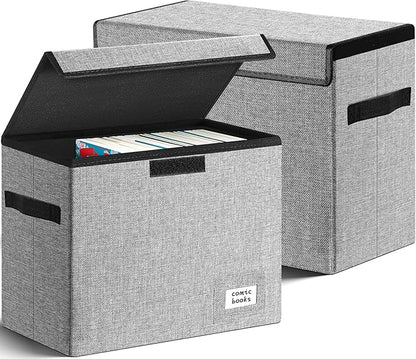 Leffis Comic Book Storage, Box 15.5" X 7.5" X 11.3", Collapsible Comic Short Box with Lids Holds 150 Comics Heavy Duty Comic Book Bin Container (2 pack, grey)