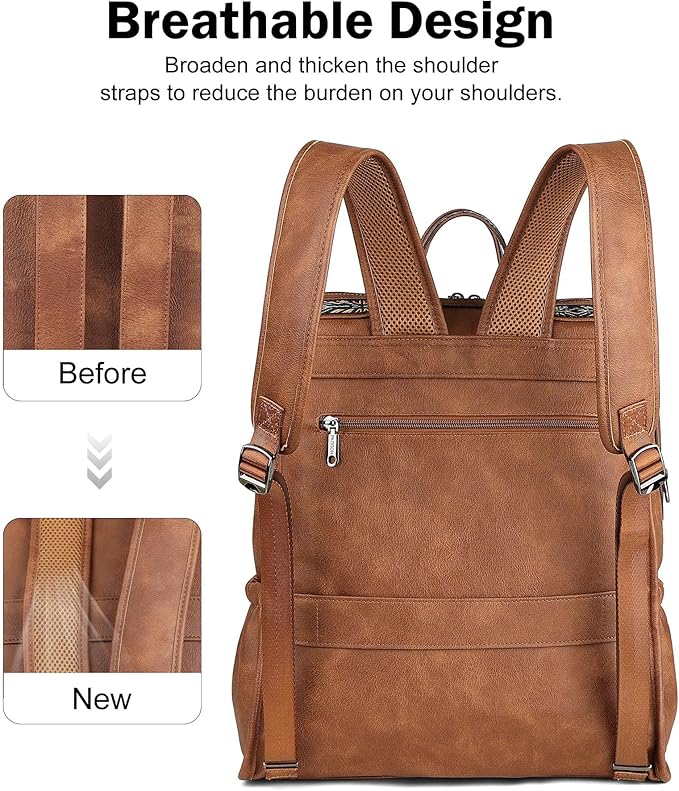FADEON Leather Laptop Backpack for Women, Designer Ladies Work Travel Computer Backpack with Laptop Compartment Coffee Brown