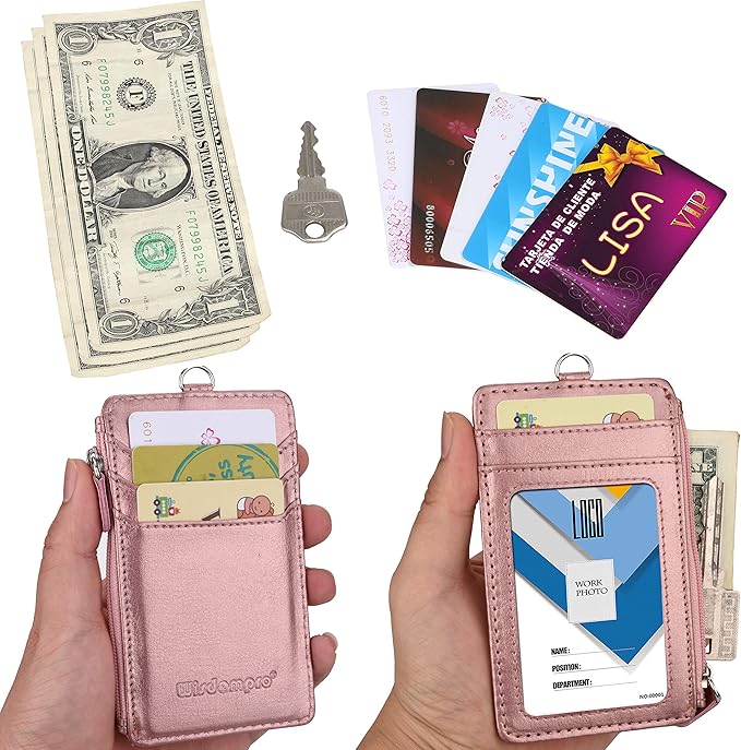 Badge Holder with Zip, Wisdompro Double Sided PU Leather ID Badge Card Holder Wallet Case with 5 Card Slots, 1 Side Zipper Pocket and 20 Inch Leather Neck Lanyard/Strap - Rose Gold (Vertical)