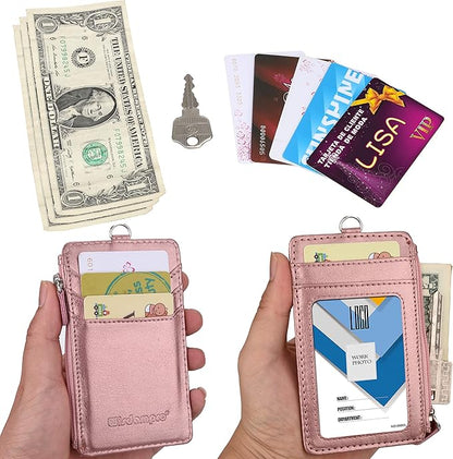 Badge Holder with Zip, Wisdompro Double Sided PU Leather ID Badge Card Holder Wallet Case with 5 Card Slots, 1 Side Zipper Pocket and 20 Inch Leather Neck Lanyard/Strap - Rose Gold (Vertical)