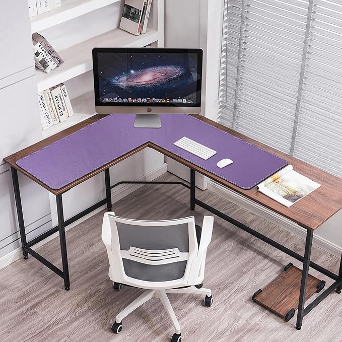 Mydours L-Shape Desk Mat, 46" x 46" x 16" Extra Large PU Leather Desk Pad Blotter, XXL Large Waterproof Gaming Mouse Pad, Desktop Protector for Computer Keyboard Home Office (Purple)