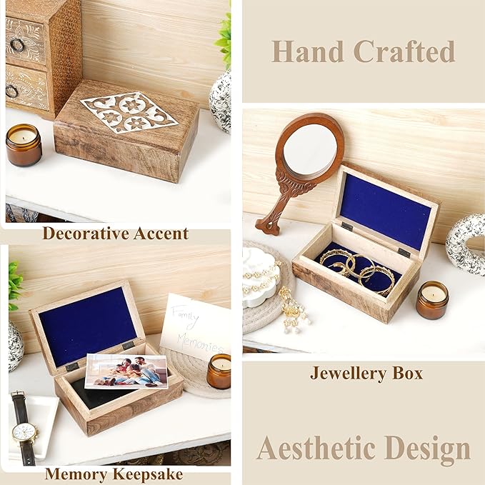 Ajuny Wooden Jewelry Box floral and Diamond Carvings Handmade Decorative Brown and White Storage Box Multipurpose Organizer Trinket Holder Case Unique Gifts for Men & Women