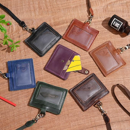 Wonderpool Leather Horizontal Badge Holder with Detachable Neck Lanyard and Retractable Badge Reel Clip, Card Slots Case ID Card Holder for ID Badges Card and Driver Licence (Purple)