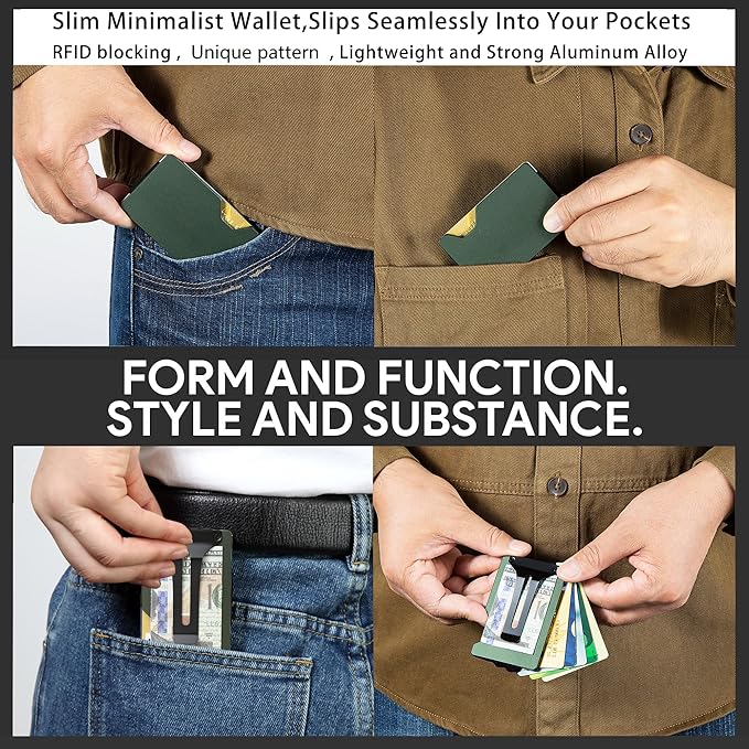 Minimalist Carbon Fiber Wallet for Men, Money Clip Cash Strap Wallet, RFID Blocking Metal Wallet Aluminum Card Holder,Front Pocket Wallet(Matte Green)