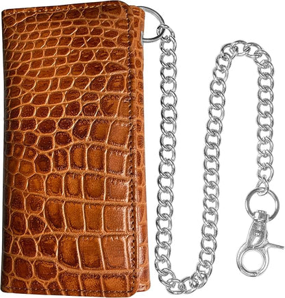 IBRO VINTAGE Motorcycle Chain Wallet for Men – Premium Cowhide Leather, RFID Tri-Fold Biker Wallet with Heavy Duty Chain for Bikers Truckers & Hunters, Credit Card Money Organizer Long Wallet | Long Trifold, RFID Blocking, Men's, Trucker Biker