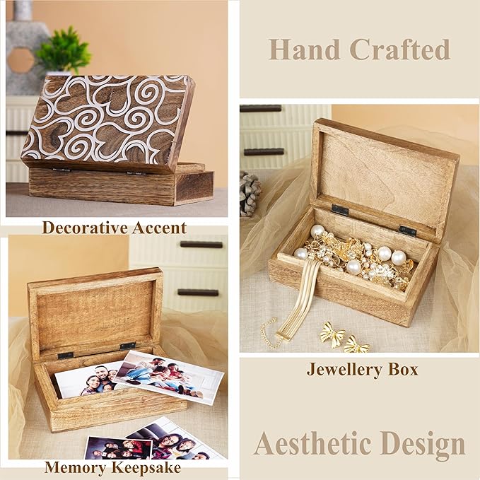 Ajuny Wooden Handmade Decorative Jewelry Storage Box White and Brown Heart Design Multipurpose Treasure Chest Keepsake Organizer Necklaces Watch Boxes Great for Gifts 8x5 Inch