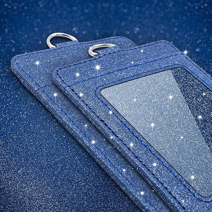 PU Leather ID Badge Holder, Life-Mate ID Badge Holder with 1 Clear ID Window 1 Credit Card Slot and PU Leather Lanyard for Badge Credit Cards College ID Cards in Glitter Blue