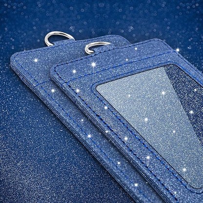 PU Leather ID Badge Holder, Life-Mate ID Badge Holder with 1 Clear ID Window 1 Credit Card Slot and PU Leather Lanyard for Badge Credit Cards College ID Cards in Glitter Blue