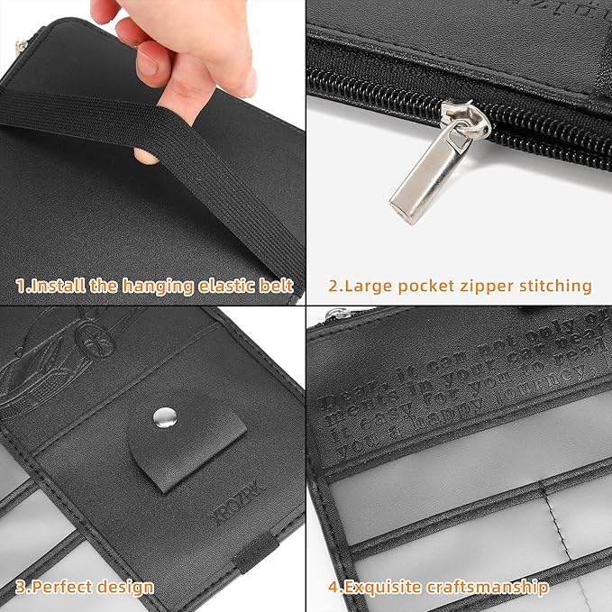 Leather Car Sun Visor Organizer for Cars, Trucks & SUVs: Features Sunglasses Holder, Secure Zipper Pockets, and 6 Clear Windows for Registration, Driver's License, and Insurance Card（black）