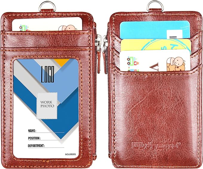 Badge Holder with Zip, Wisdompro 2-Sided Vertical Style PU Leather ID Badge Holder with 1 ID Window, 4 Card Slots, 1 Side Zipper Pocket and 1 piece 20 Inch PU Neck Lanyard Strap - Brown