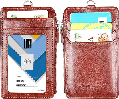 Badge Holder with Zip, Wisdompro 2-Sided Vertical Style PU Leather ID Badge Holder with 1 ID Window, 4 Card Slots, 1 Side Zipper Pocket and 1 piece 20 Inch PU Neck Lanyard Strap - Brown