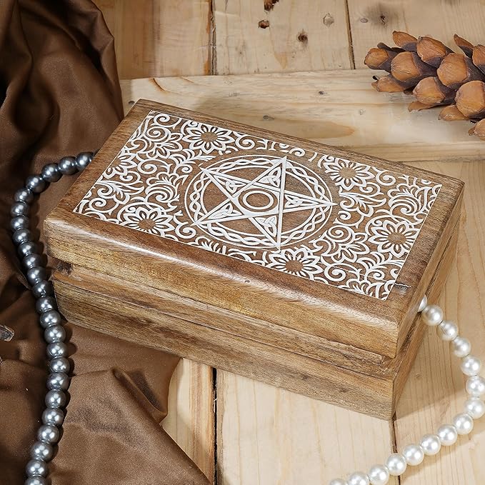 Ajuny Handmade Wooden Decorative Storage Box Star Floral Pattern Multipurpose Keepsake Treasure Chest Box for Memory Cards, Watches, Jewlery and Small Accessories Gift for Men and Women - 8X5 Inch