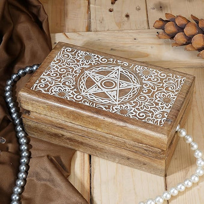Ajuny Handmade Wooden Decorative Storage Box Star Floral Pattern Multipurpose Keepsake Treasure Chest Box for Memory Cards, Watches, Jewlery and Small Accessories Gift for Men and Women - 8X5 Inch