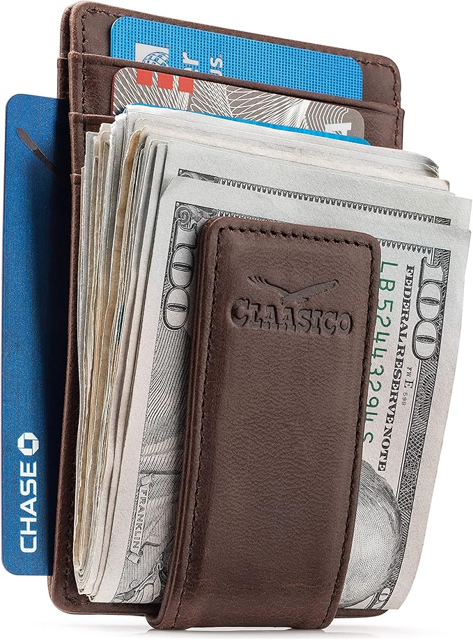 Claasico Men’s Leather Money Clip Wallet – Slim Front Pocket Wallet w/Super Strong Magnetic Clip, RFID Blocking, 5 Card Slots & Center Pocket + ID Window