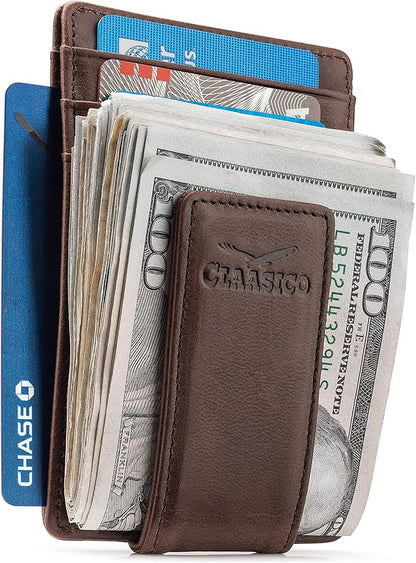 Claasico Men’s Leather Money Clip Wallet – Slim Front Pocket Wallet w/Super Strong Magnetic Clip, RFID Blocking, 5 Card Slots & Center Pocket + ID Window